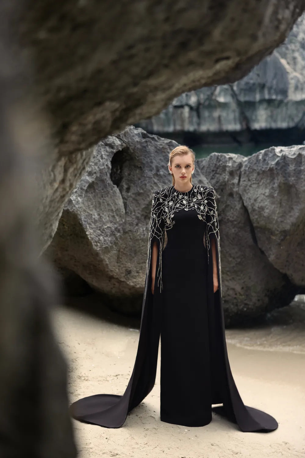 Crystal Embellished Sleeves Slit Long Cape